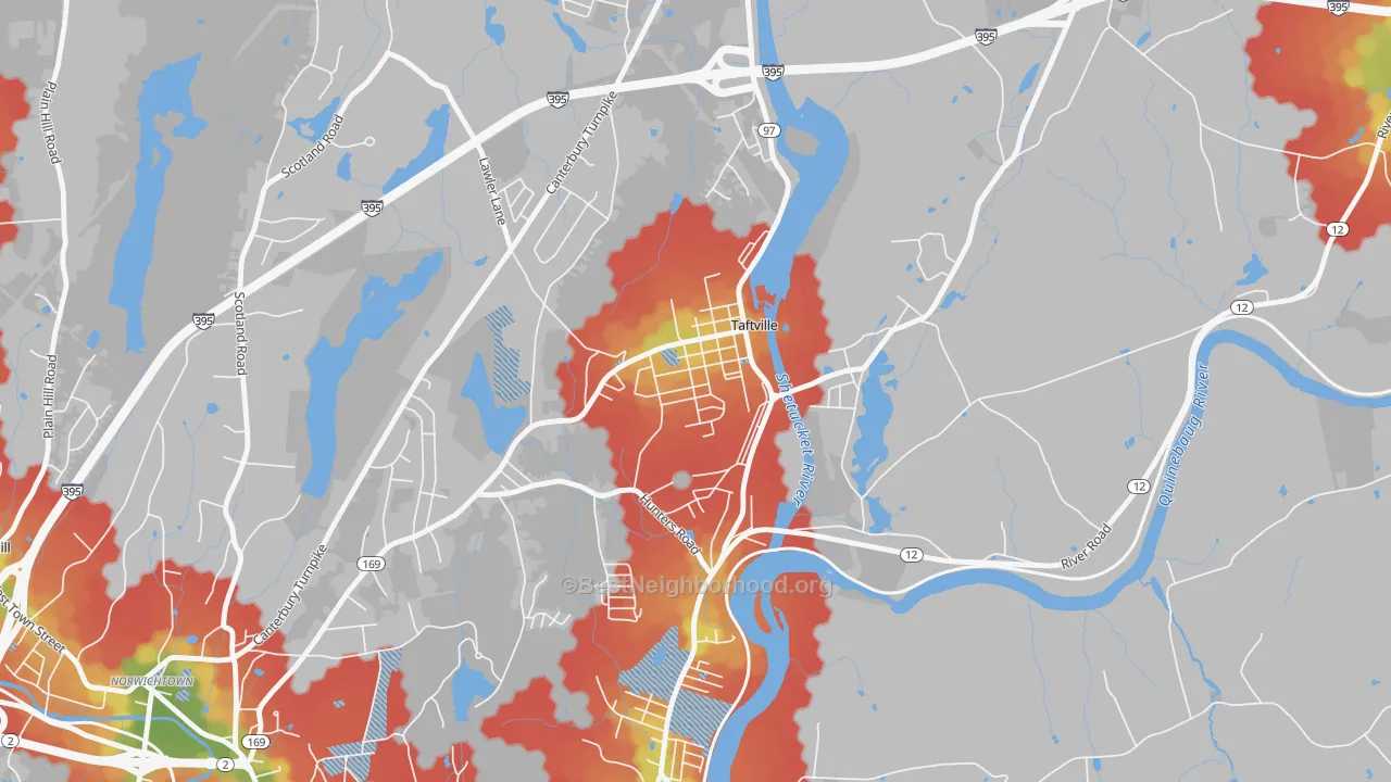 Walk Grade map of 06380, CT, walkable areas in green and car-dependent areas in red