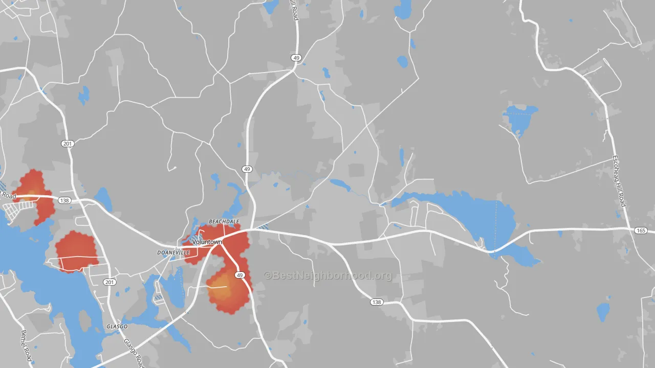 Walk Grade map of 06384, CT, walkable areas in green and car-dependent areas in red