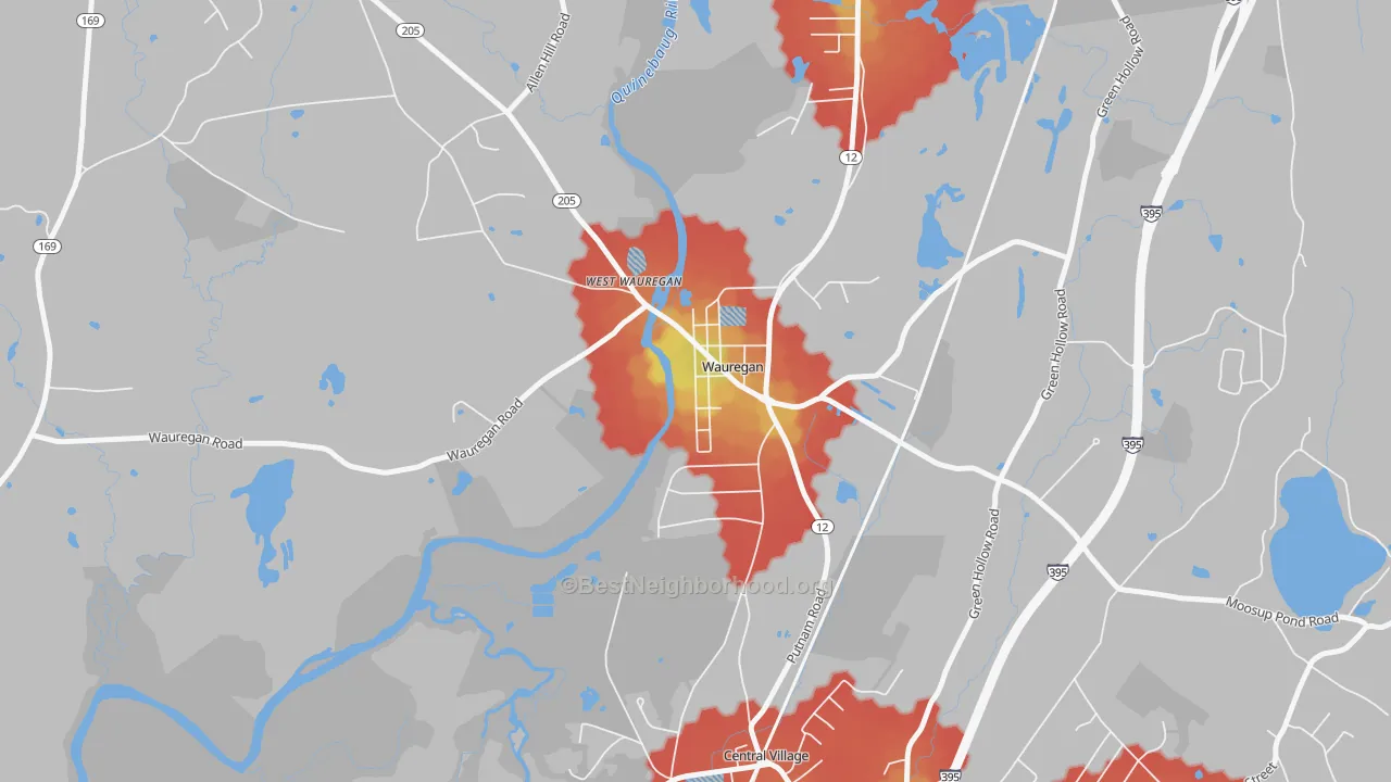 Walk Grade map of 06387, CT, walkable areas in green and car-dependent areas in red