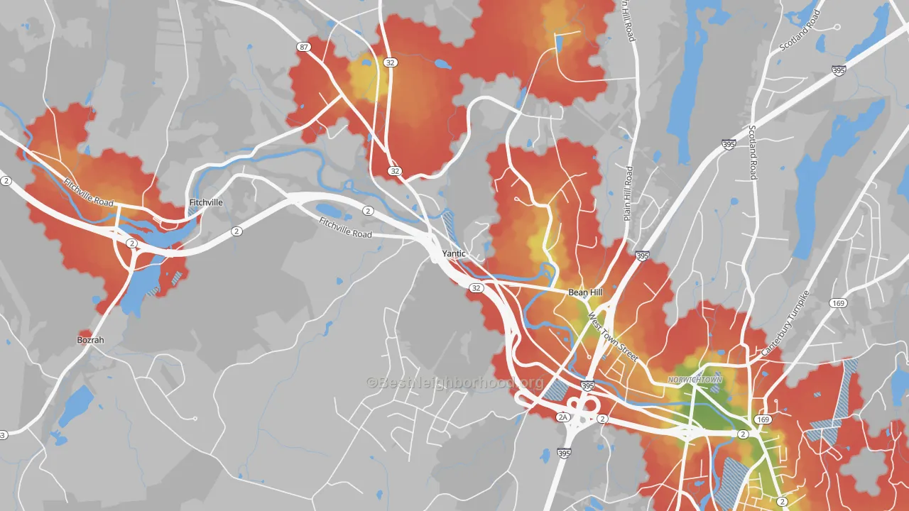 Walk Grade map of 06389, CT, walkable areas in green and car-dependent areas in red