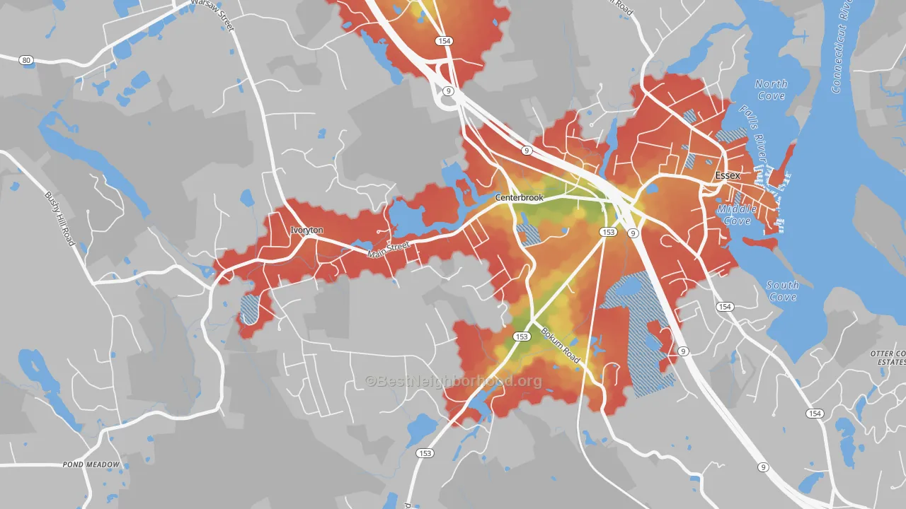 Walk Grade map of 06409, CT, walkable areas in green and car-dependent areas in red