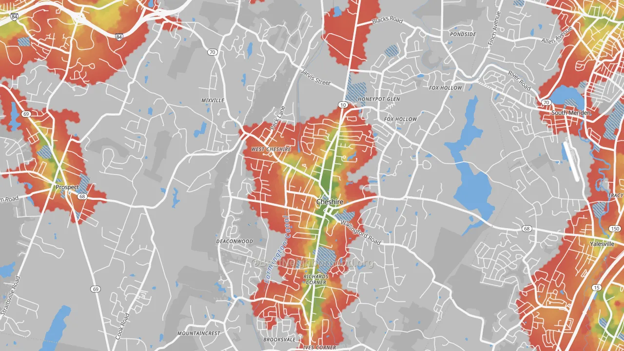Walk Grade map of 06410, CT, walkable areas in green and car-dependent areas in red