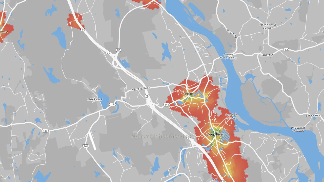 Walk Grade map of 06412, CT, walkable areas in green and car-dependent areas in red