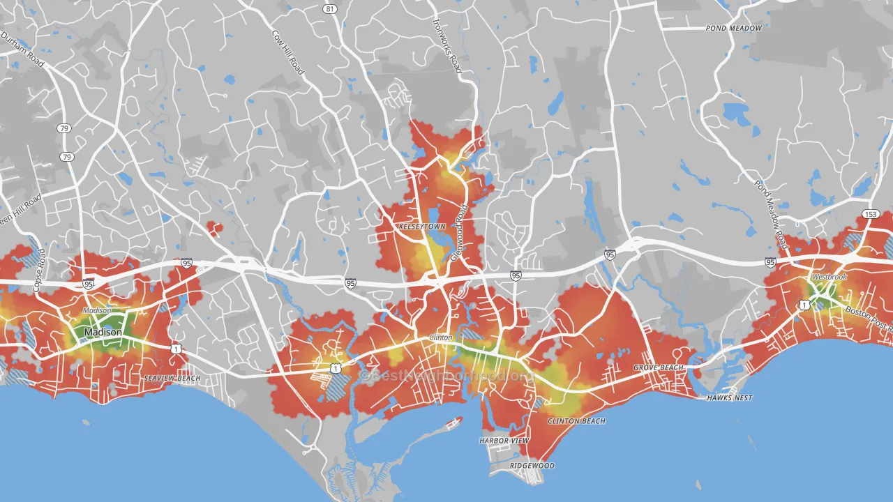 Walk Grade map of 06413, CT, walkable areas in green and car-dependent areas in red