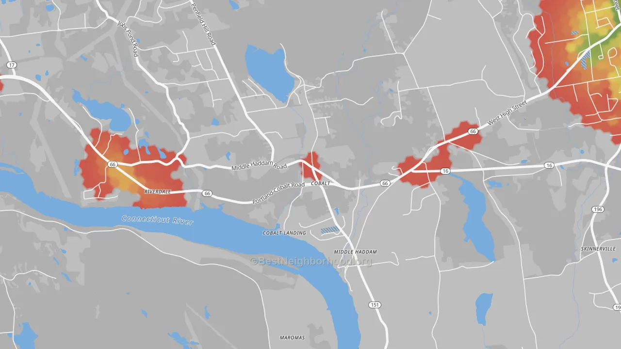 Walk Grade map of 06414, CT, walkable areas in green and car-dependent areas in red