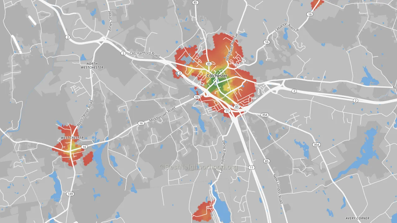 Walk Grade map of 06415, CT, walkable areas in green and car-dependent areas in red