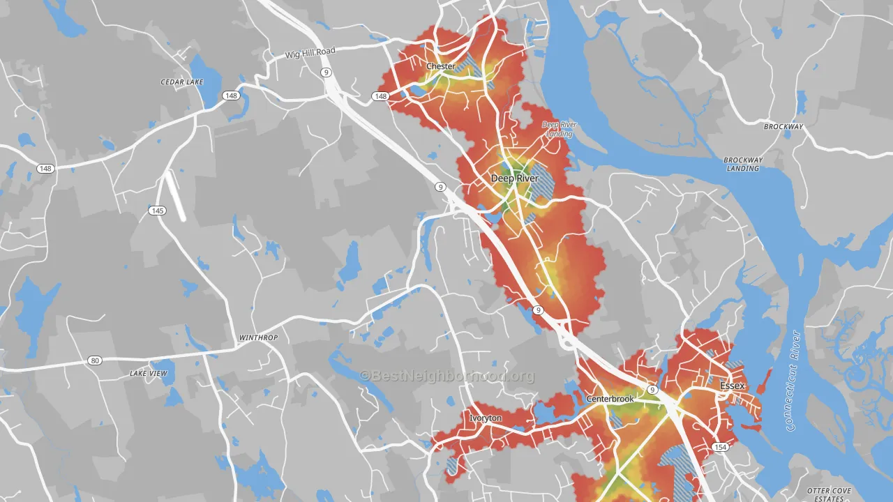 Walk Grade map of 06417, CT, walkable areas in green and car-dependent areas in red