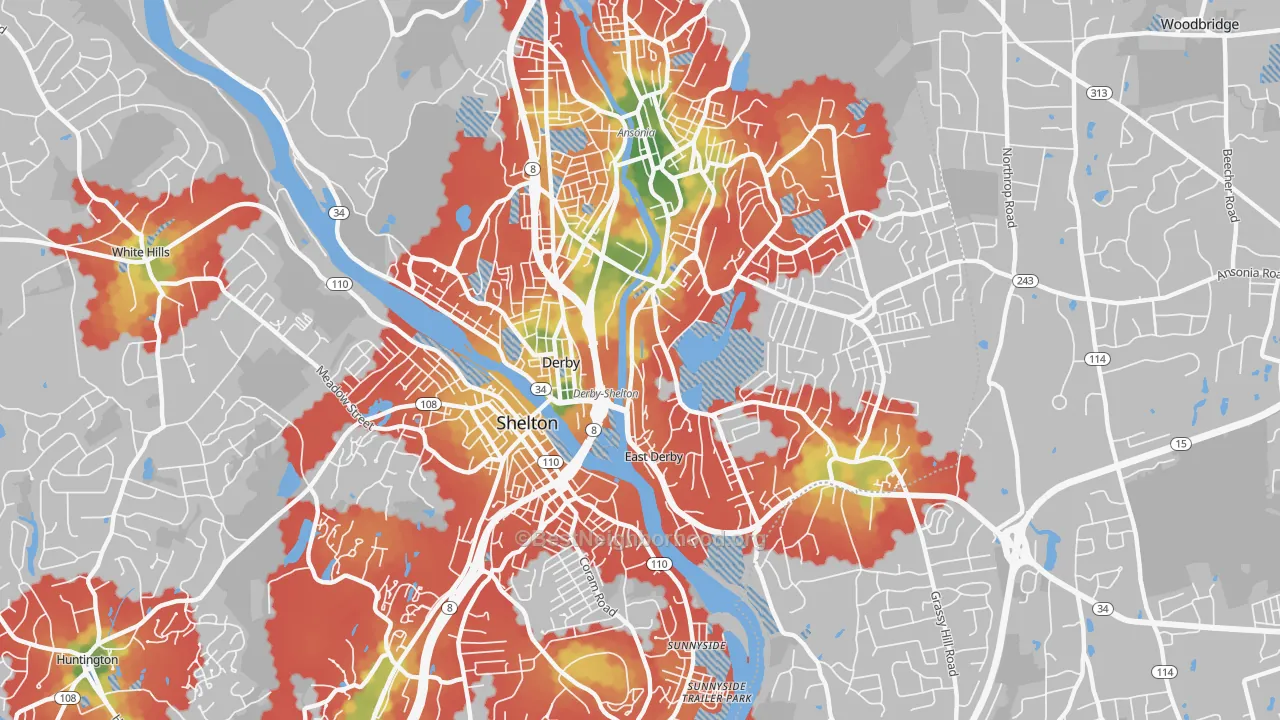 Walk Grade map of 06418, CT, walkable areas in green and car-dependent areas in red
