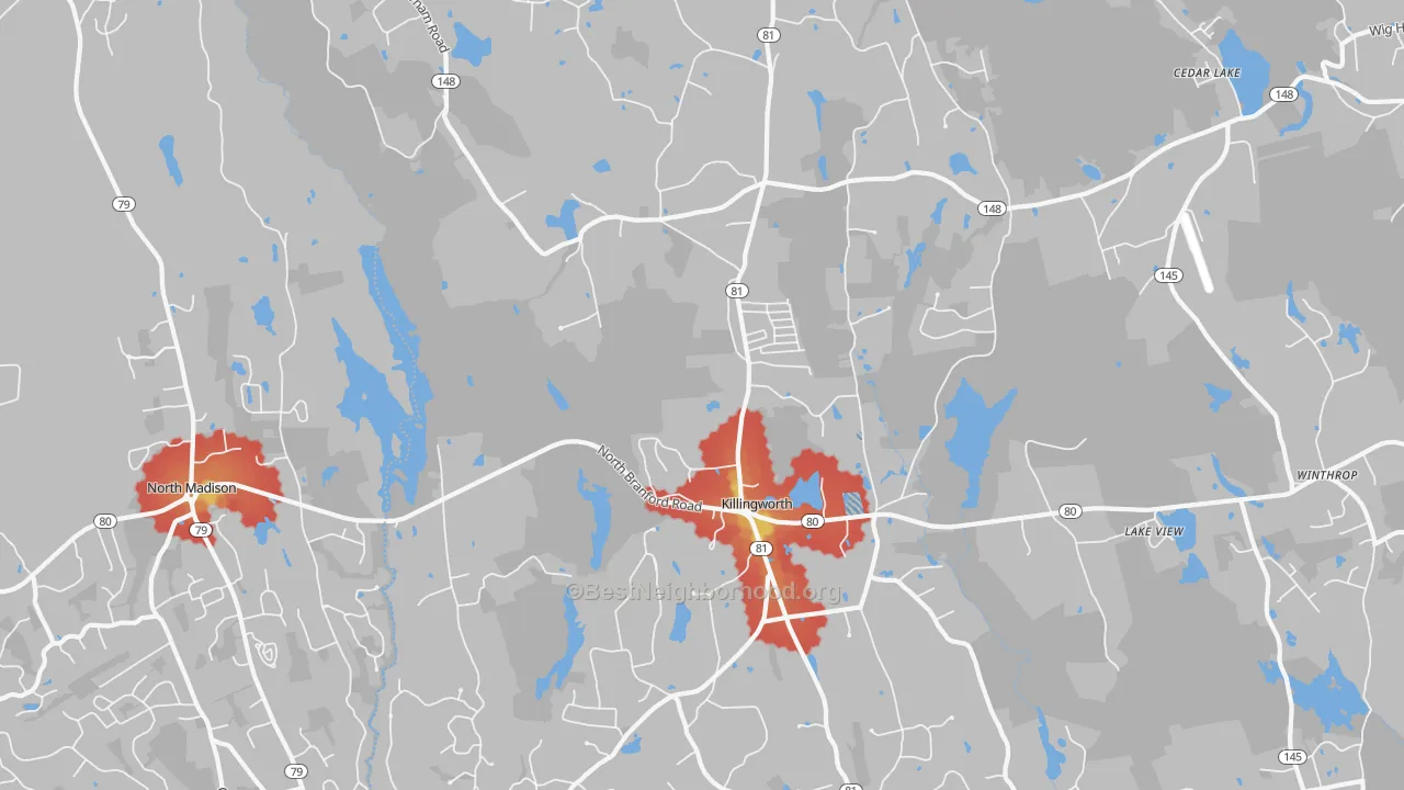 Walk Grade map of 06419, CT, walkable areas in green and car-dependent areas in red