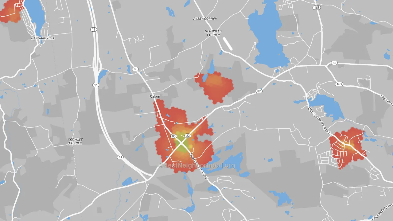 Walk Grade map of 06420, CT, walkable areas in green and car-dependent areas in red