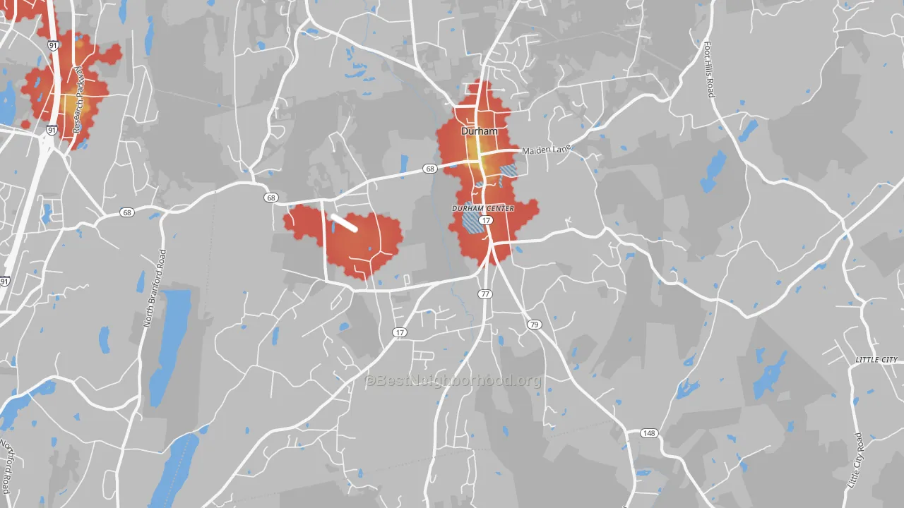 Walk Grade map of 06422, CT, walkable areas in green and car-dependent areas in red