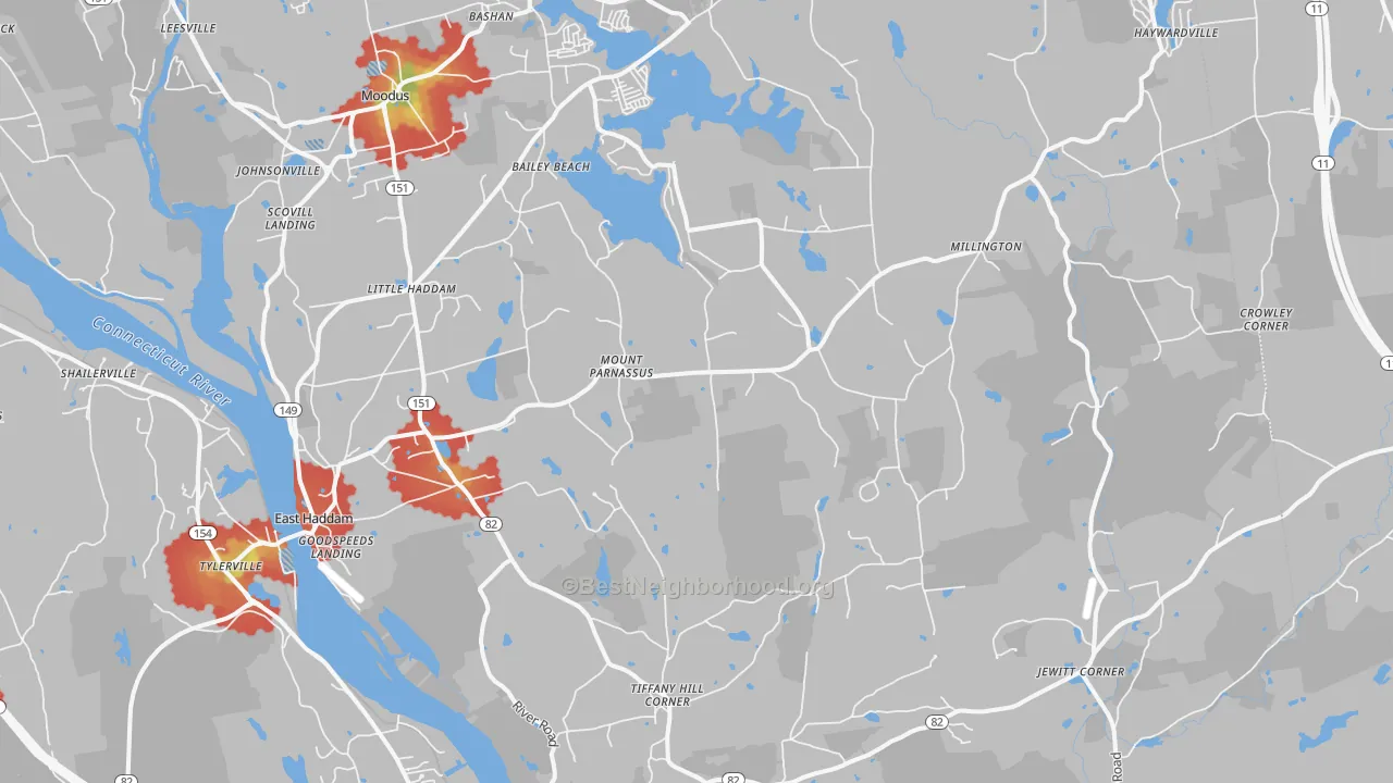Walk Grade map of 06423, CT, walkable areas in green and car-dependent areas in red