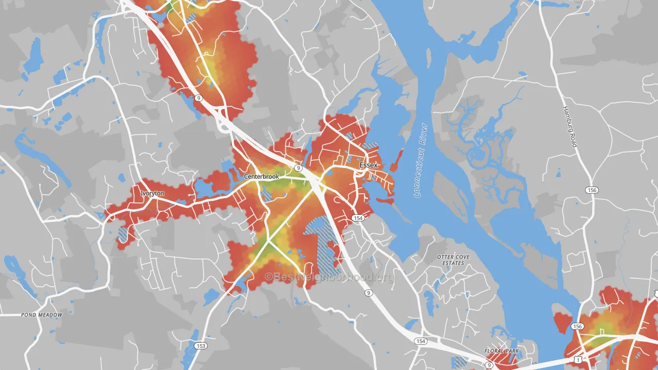 Walk Grade map of 06426, CT, walkable areas in green and car-dependent areas in red