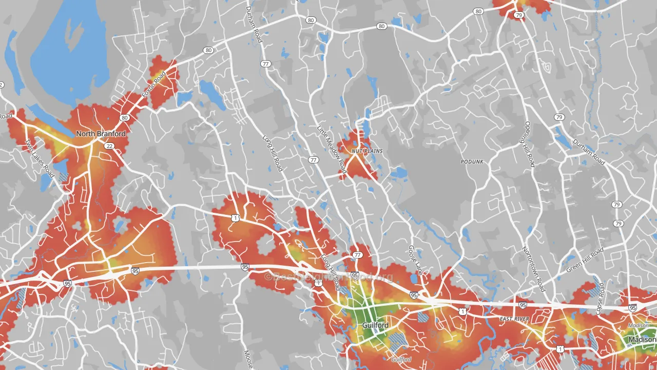 Walk Grade map of 06437, CT, walkable areas in green and car-dependent areas in red