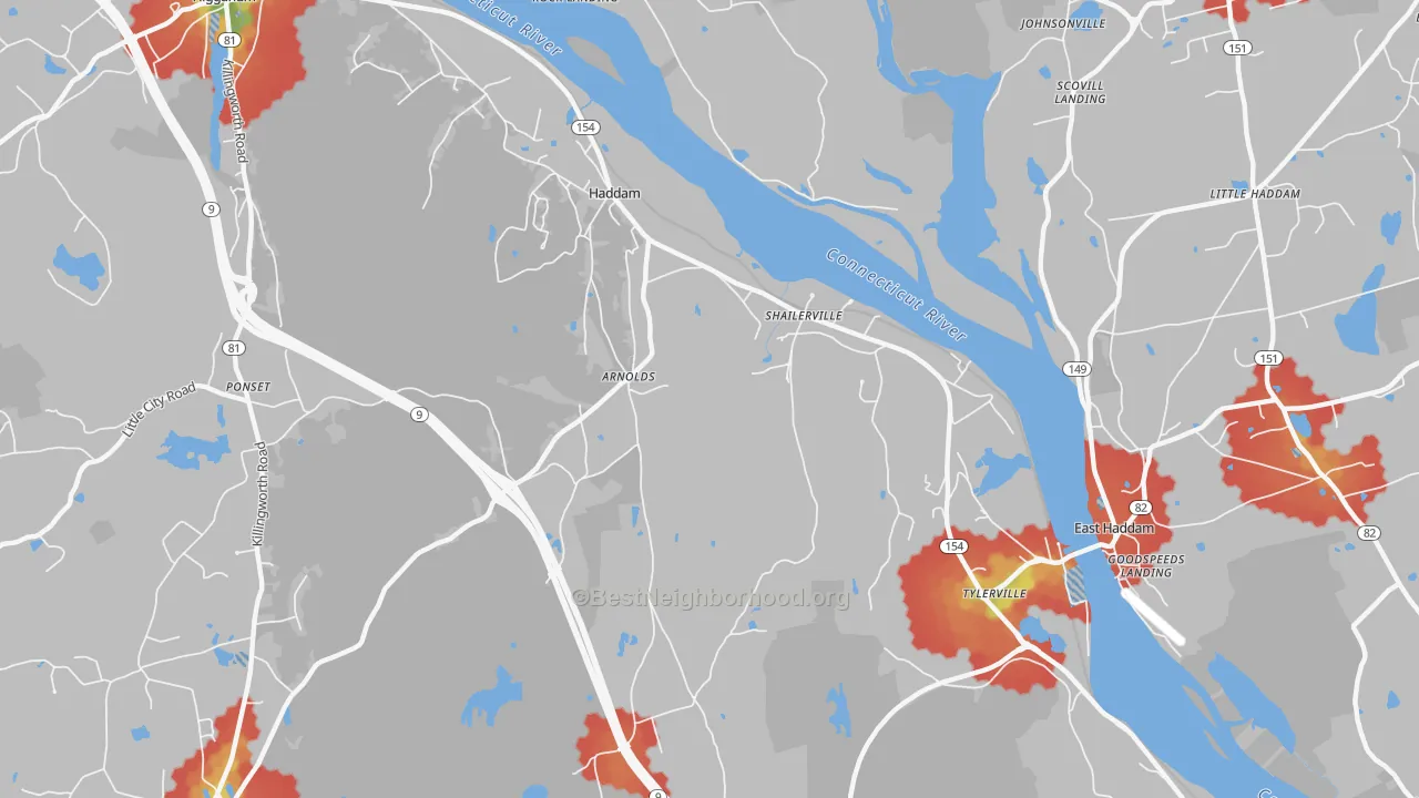 Walk Grade map of 06438, CT, walkable areas in green and car-dependent areas in red