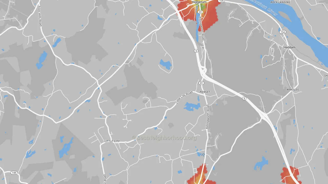 Walk Grade map of 06441, CT, walkable areas in green and car-dependent areas in red