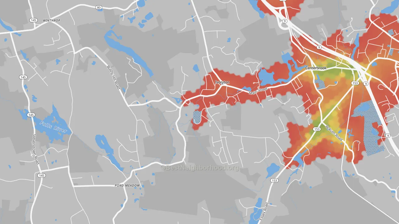Walk Grade map of 06442, CT, walkable areas in green and car-dependent areas in red