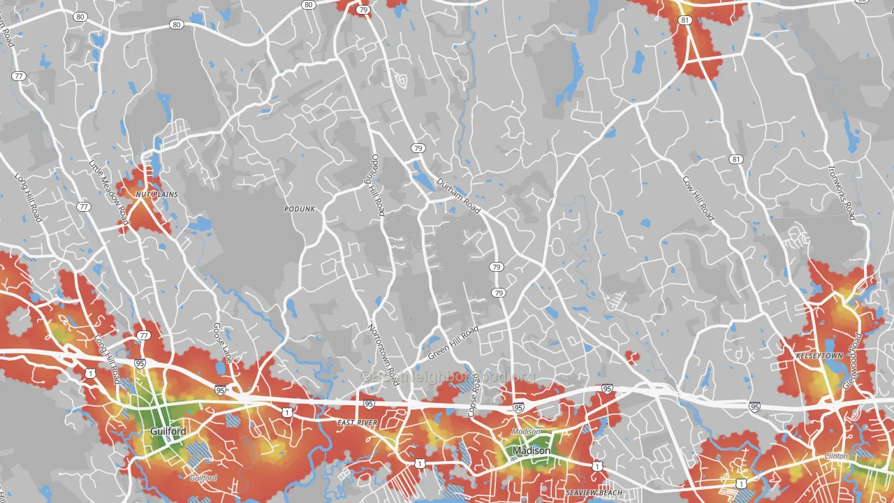 Walk Grade map of 06443, CT, walkable areas in green and car-dependent areas in red