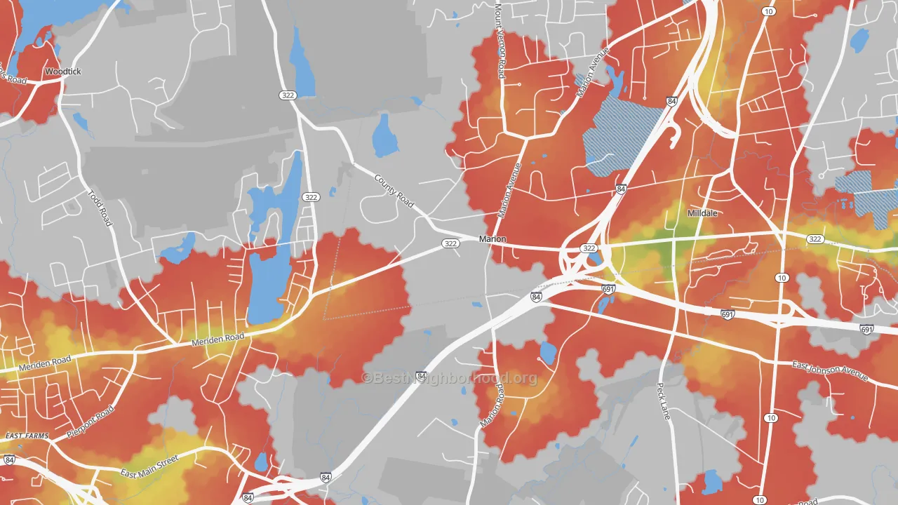 Walk Grade map of 06444, CT, walkable areas in green and car-dependent areas in red