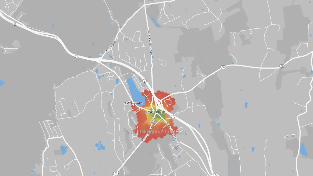 Walk Grade map of 06447, CT, walkable areas in green and car-dependent areas in red