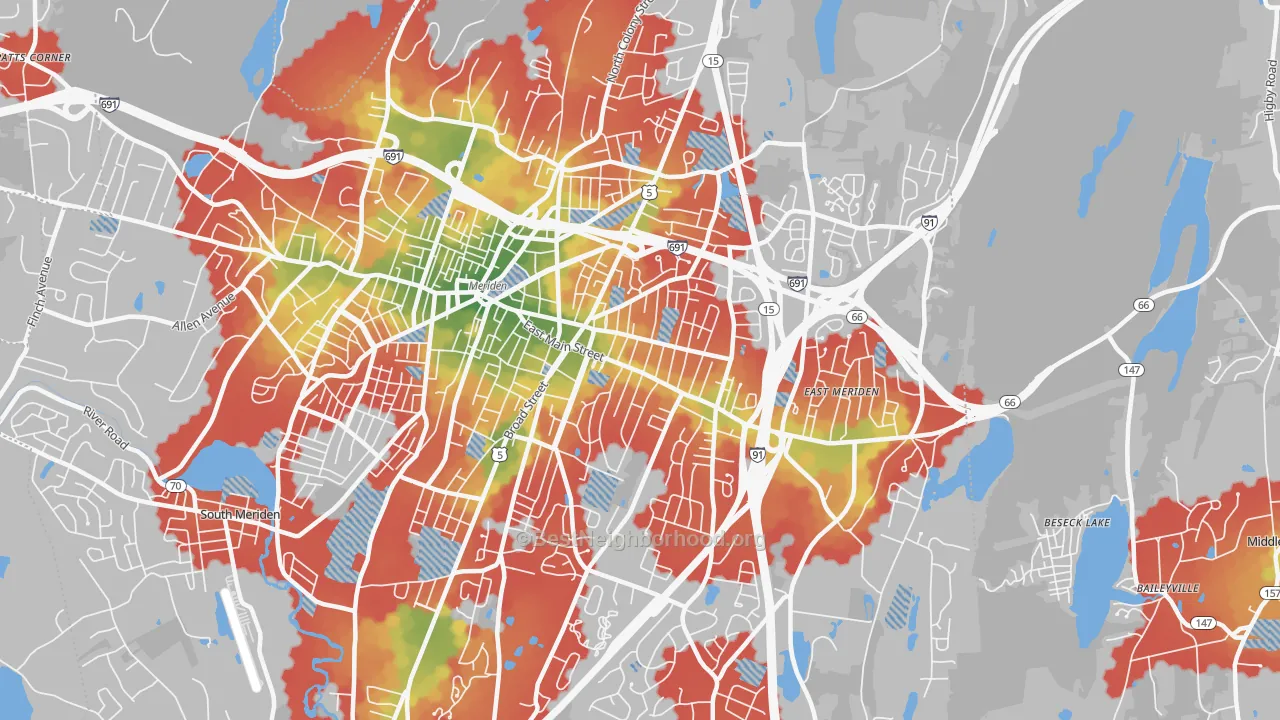 Walk Grade map of 06450, CT, walkable areas in green and car-dependent areas in red