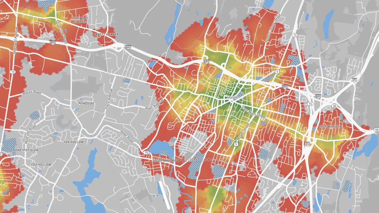 Walk Grade map of 06451, CT, walkable areas in green and car-dependent areas in red
