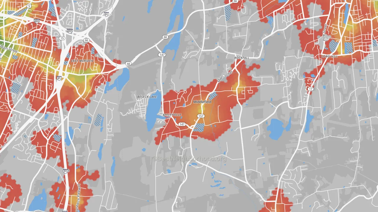 Walk Grade map of 06455, CT, walkable areas in green and car-dependent areas in red