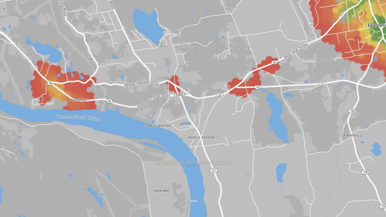 Walk Grade map of 06456, CT, walkable areas in green and car-dependent areas in red