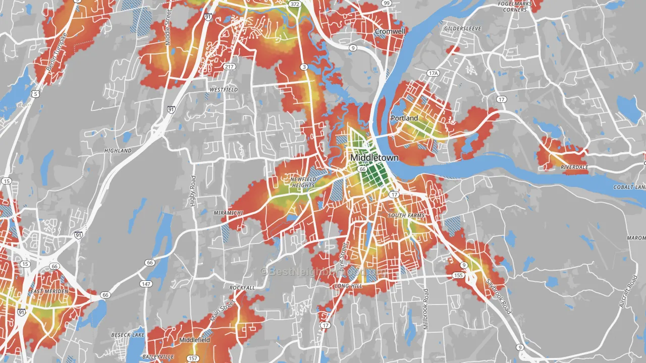 Walk Grade map of 06457, CT, walkable areas in green and car-dependent areas in red