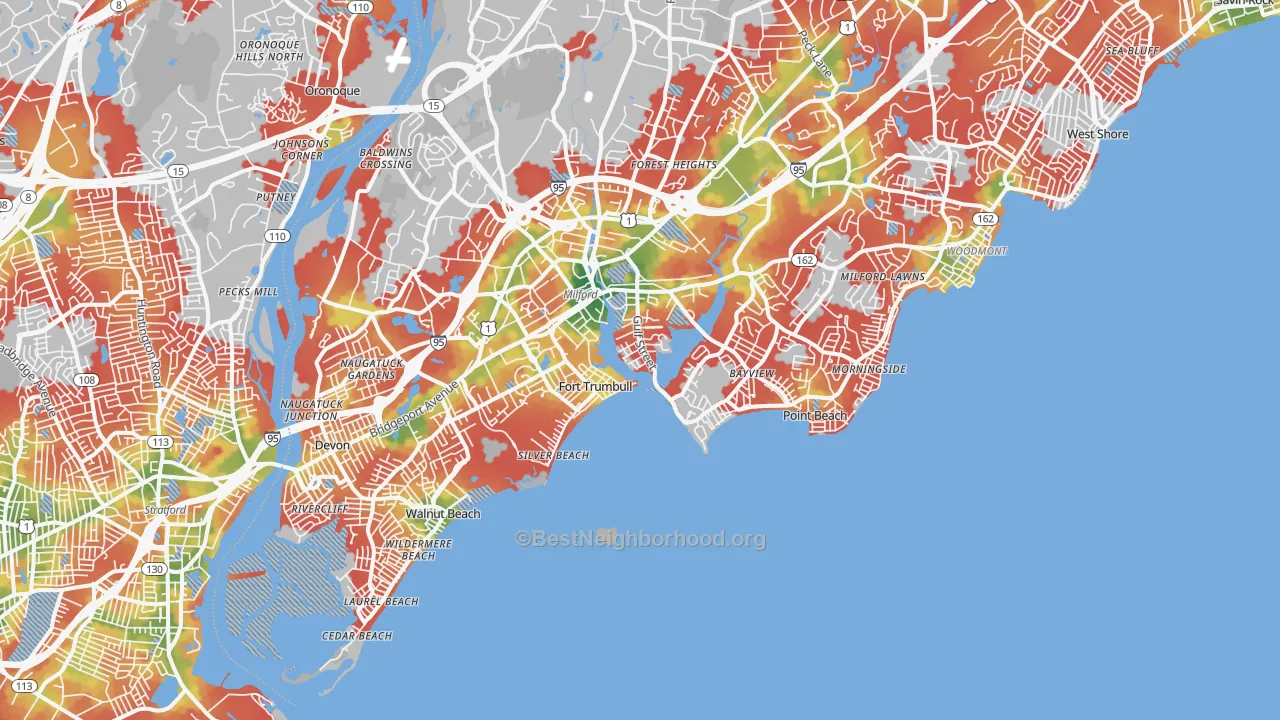 Walk Grade map of 06460, CT, walkable areas in green and car-dependent areas in red