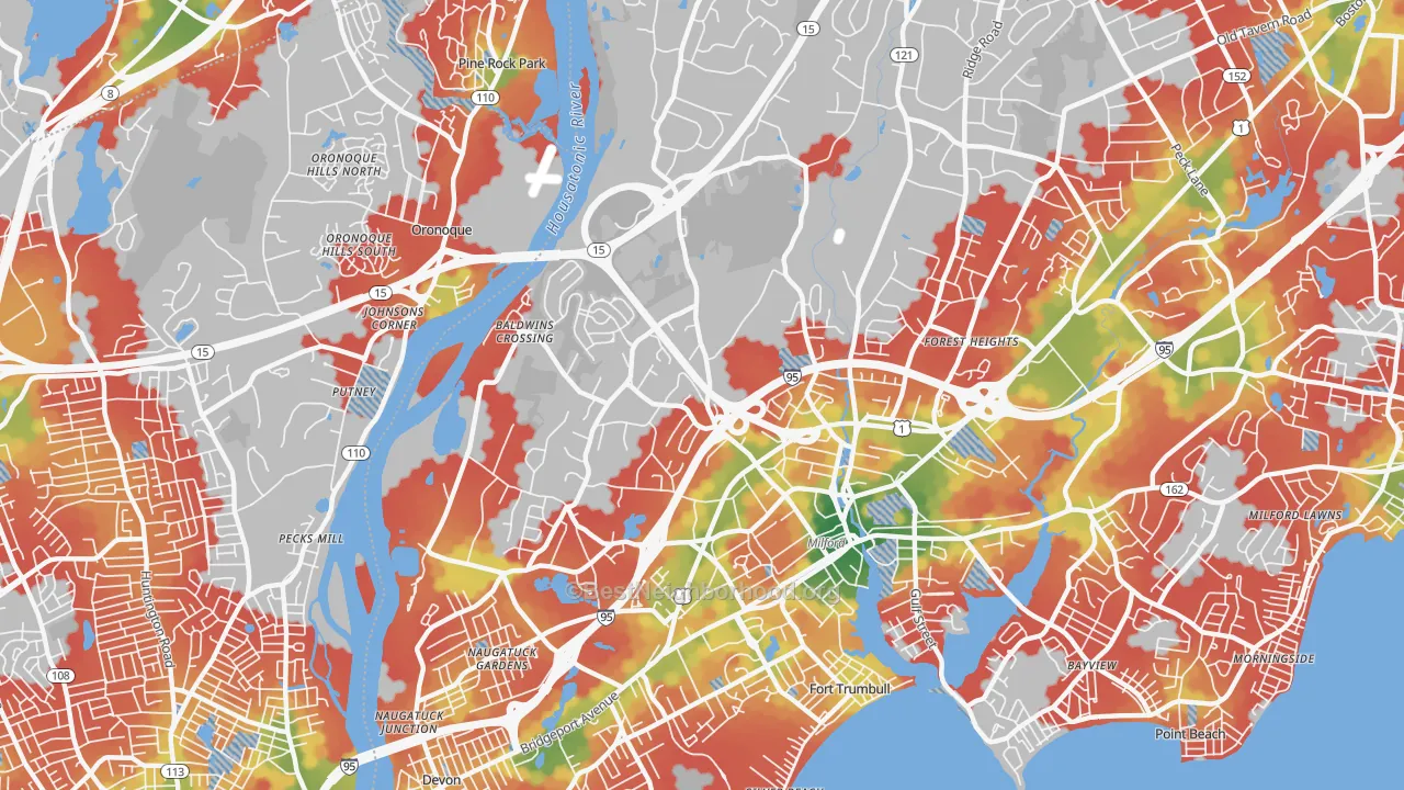 Walk Grade map of 06461, CT, walkable areas in green and car-dependent areas in red