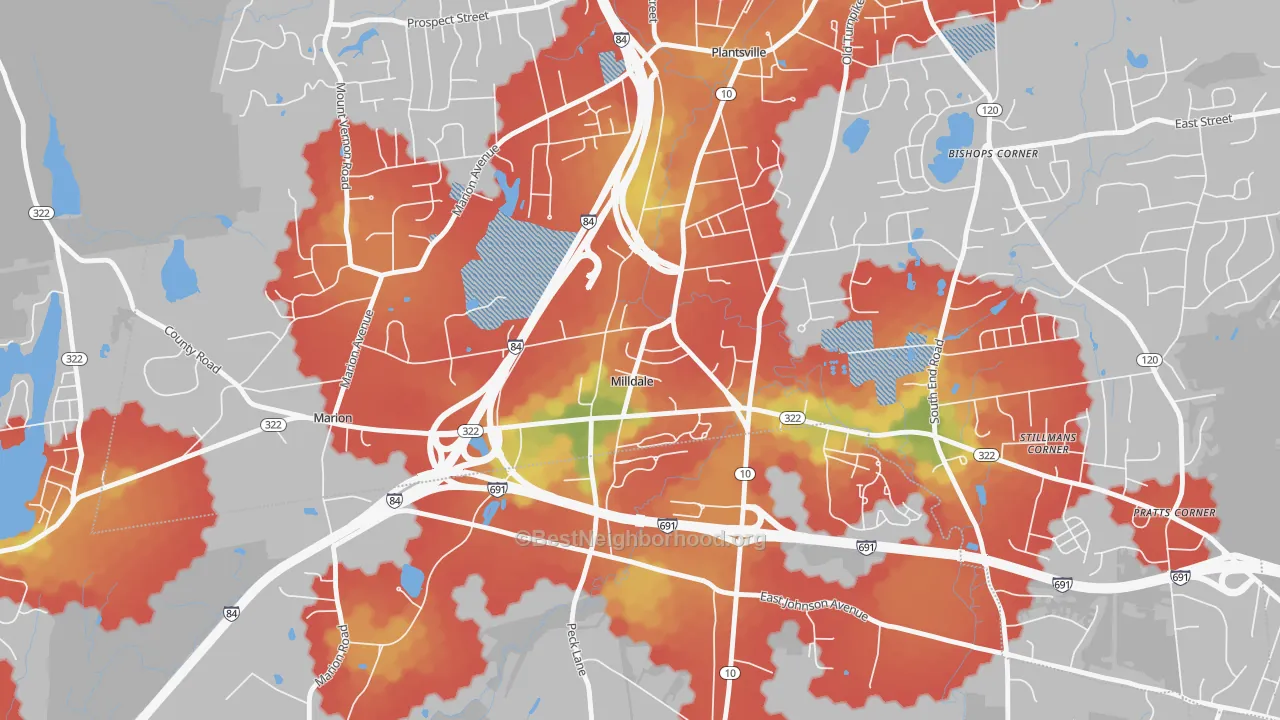 Walk Grade map of 06467, CT, walkable areas in green and car-dependent areas in red