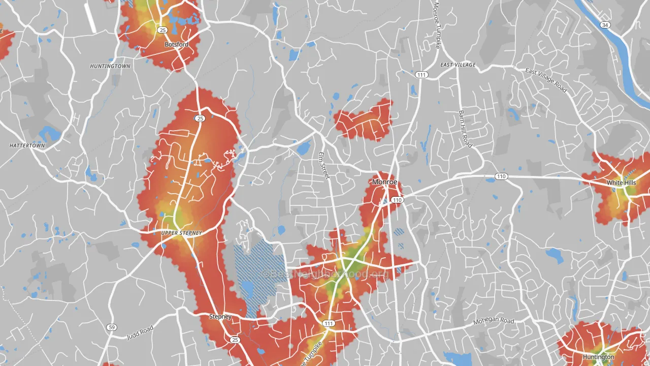 Walk Grade map of 06468, CT, walkable areas in green and car-dependent areas in red