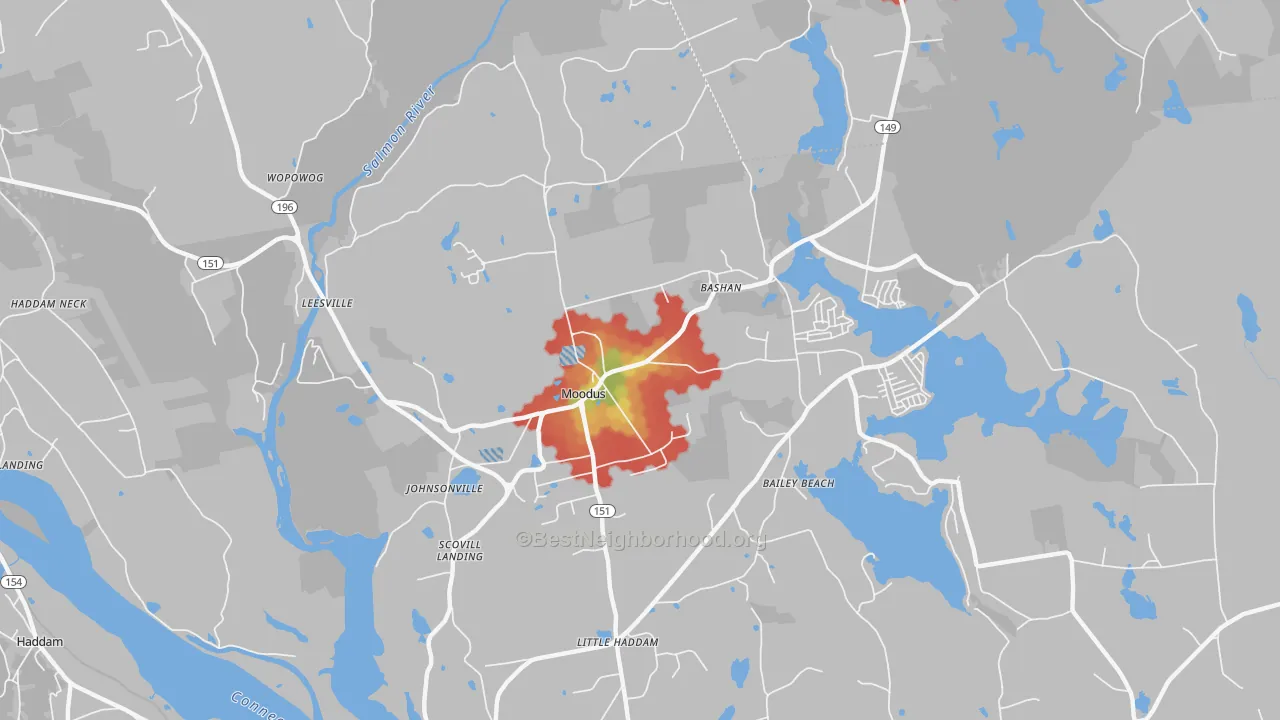Walk Grade map of 06469, CT, walkable areas in green and car-dependent areas in red