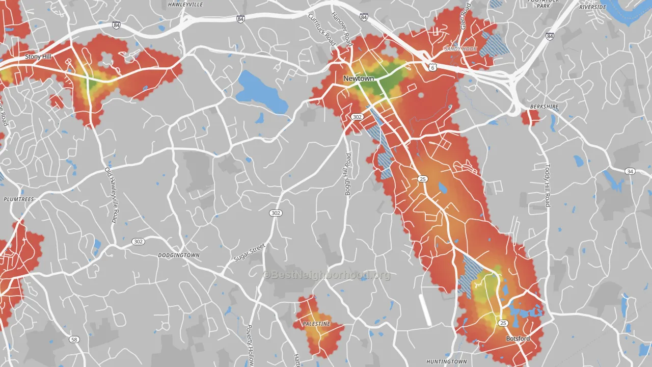 Walk Grade map of 06470, CT, walkable areas in green and car-dependent areas in red