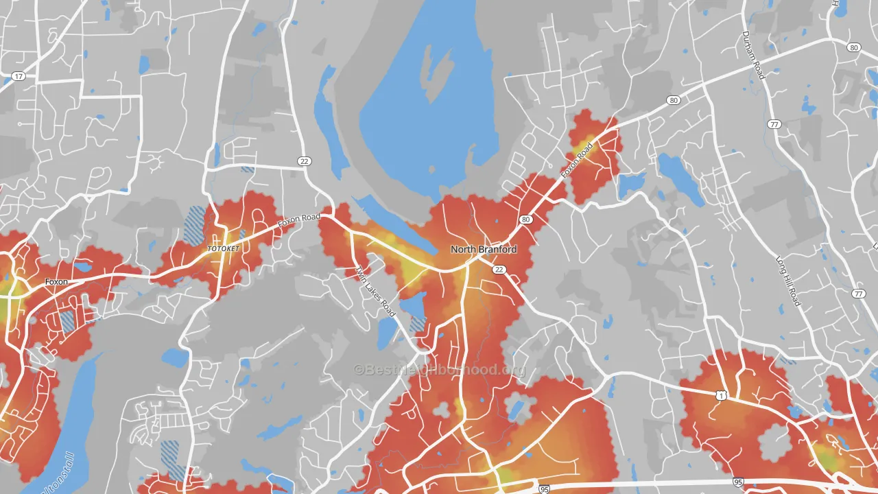 Walk Grade map of 06471, CT, walkable areas in green and car-dependent areas in red