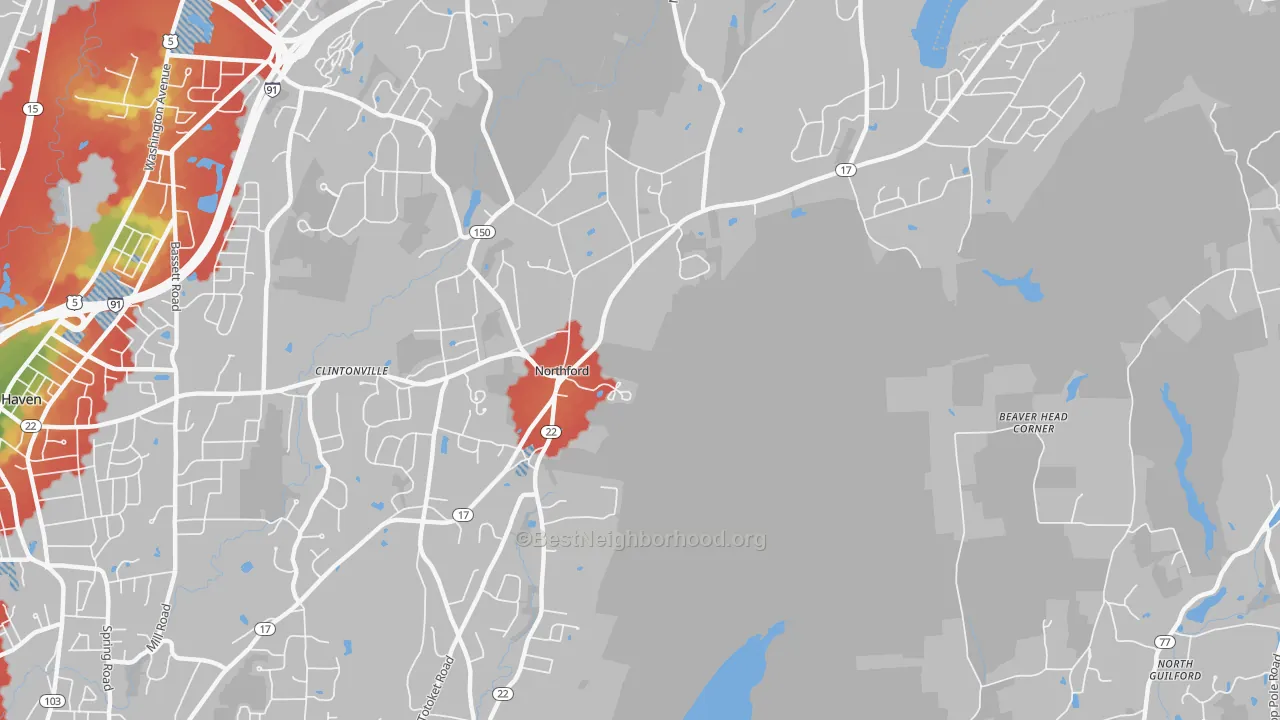 Walk Grade map of 06472, CT, walkable areas in green and car-dependent areas in red