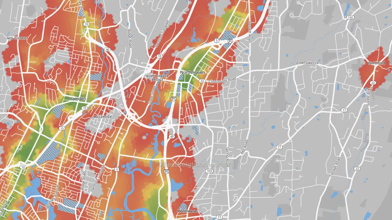 Walk Grade map of 06473, CT, walkable areas in green and car-dependent areas in red