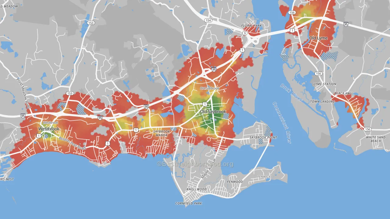Walk Grade map of 06475, CT, walkable areas in green and car-dependent areas in red