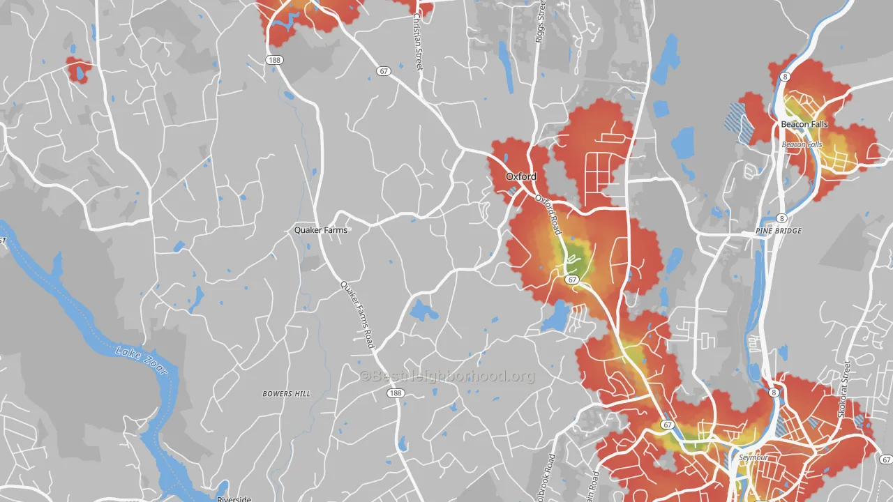 Walk Grade map of 06478, CT, walkable areas in green and car-dependent areas in red