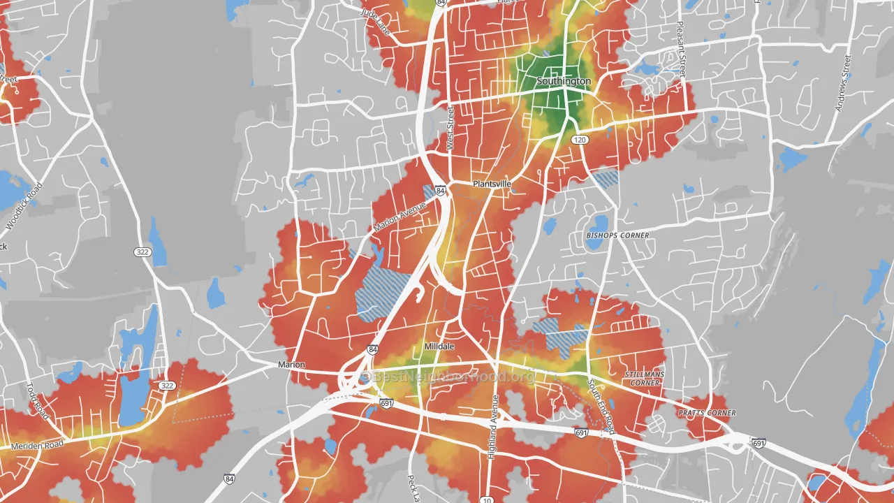 Walk Grade map of 06479, CT, walkable areas in green and car-dependent areas in red