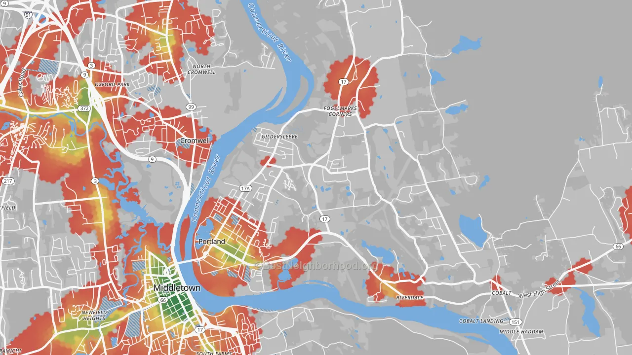 Walk Grade map of 06480, CT, walkable areas in green and car-dependent areas in red