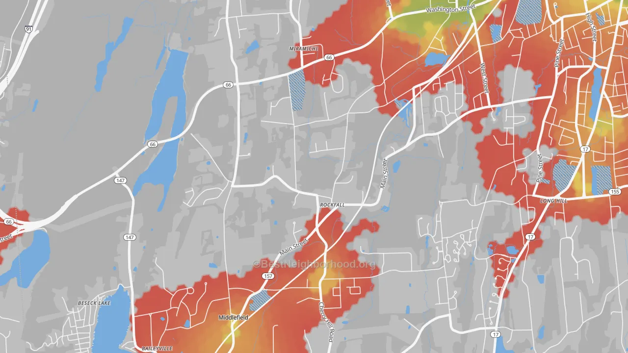 Walk Grade map of 06481, CT, walkable areas in green and car-dependent areas in red