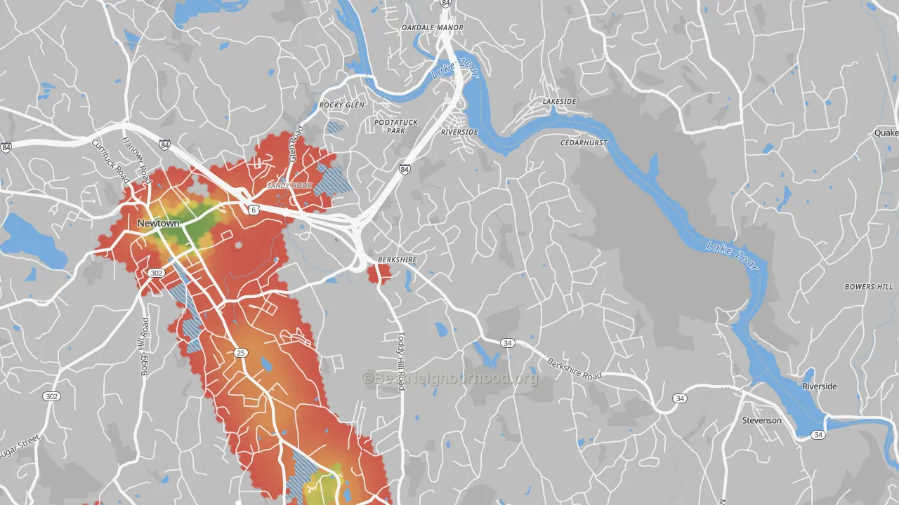 Walk Grade map of 06482, CT, walkable areas in green and car-dependent areas in red