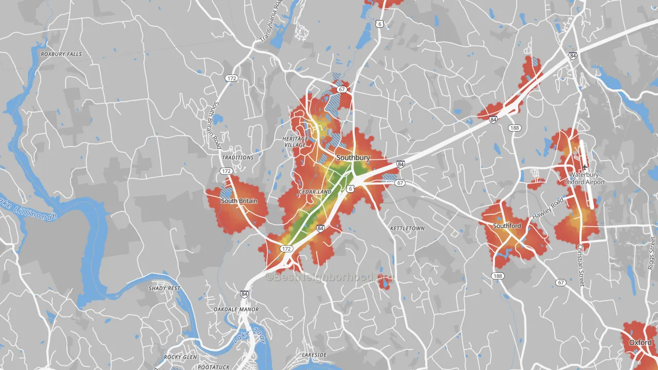 Walk Grade map of 06488, CT, walkable areas in green and car-dependent areas in red