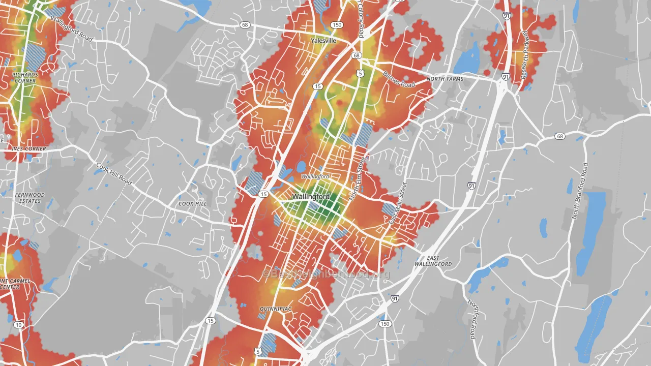 Walk Grade map of 06492, CT, walkable areas in green and car-dependent areas in red
