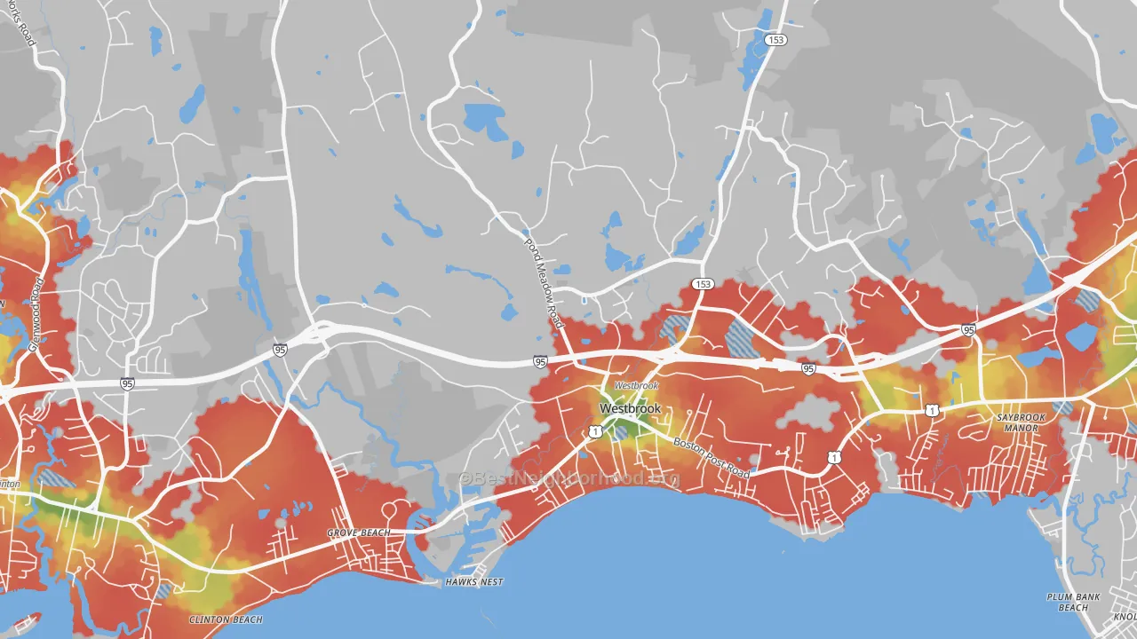 Walk Grade map of 06498, CT, walkable areas in green and car-dependent areas in red