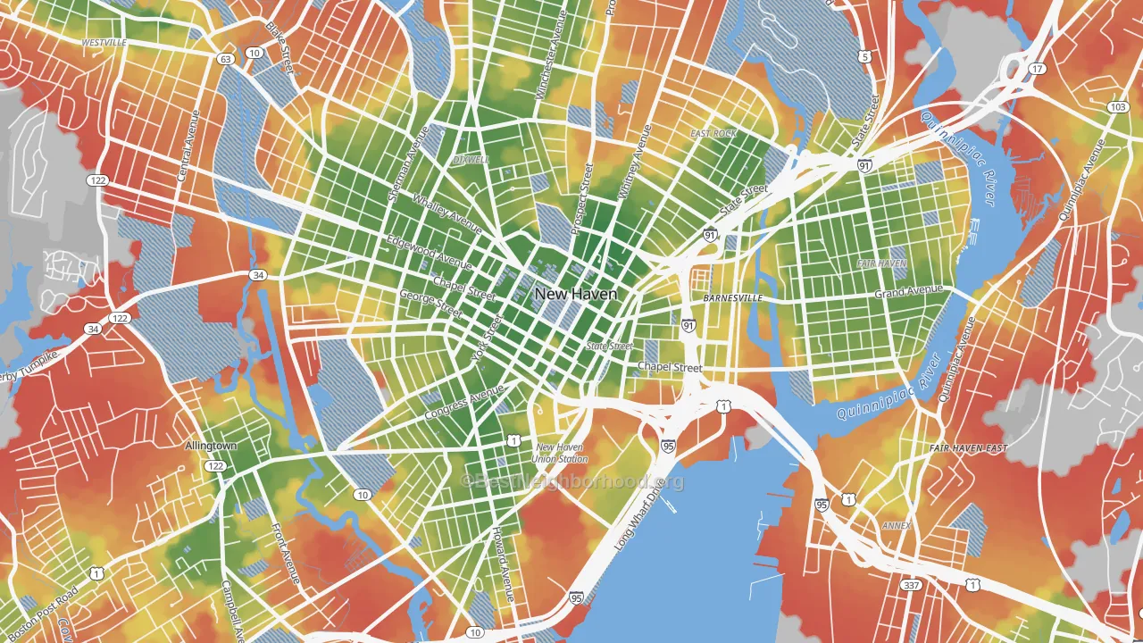 Walk Grade map of 06510, CT, walkable areas in green and car-dependent areas in red