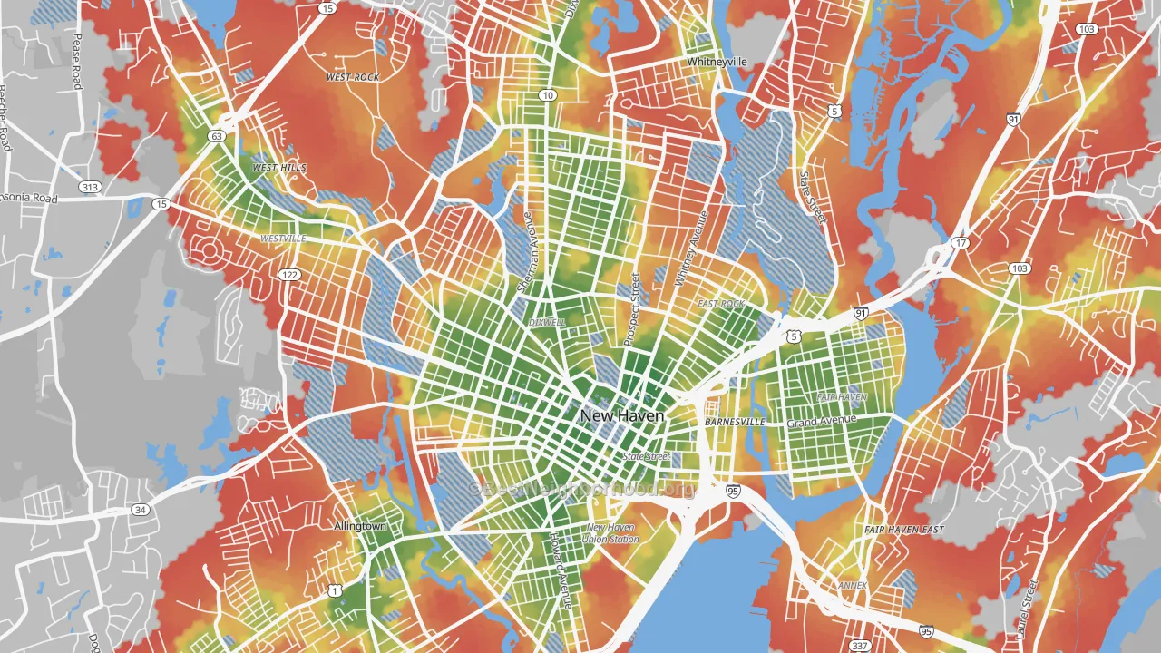 Walk Grade map of 06511, CT, walkable areas in green and car-dependent areas in red