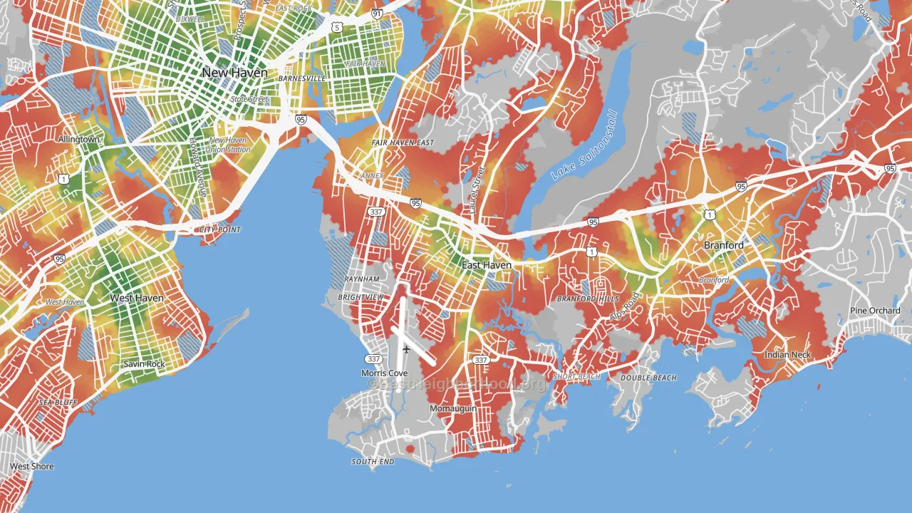 Walk Grade map of 06512, CT, walkable areas in green and car-dependent areas in red